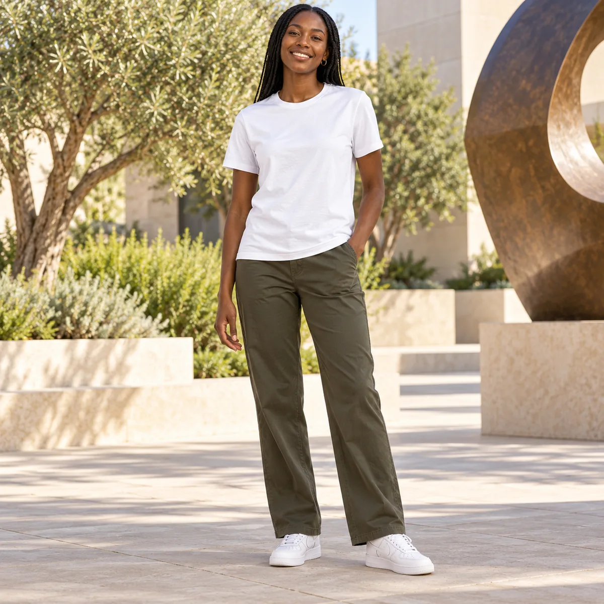 Model wearing a white Gildan Softstyle unisex T-shirt in a sculpture courtyard.