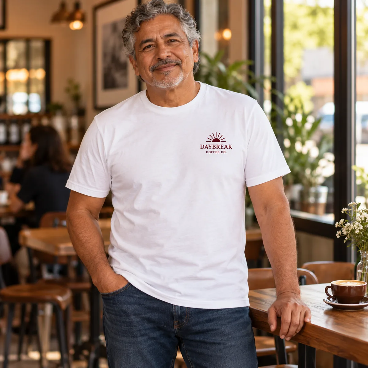 Model wearing a white Gildan Softstyle T-shirt with sample Daybreak left-chest artwork in a cafe.