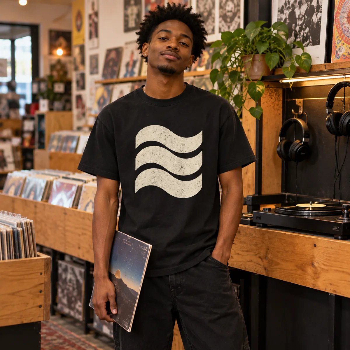 Model wearing a black Gildan Ultra Cotton unisex T-shirt with fictional abstract sample print at a record shop.