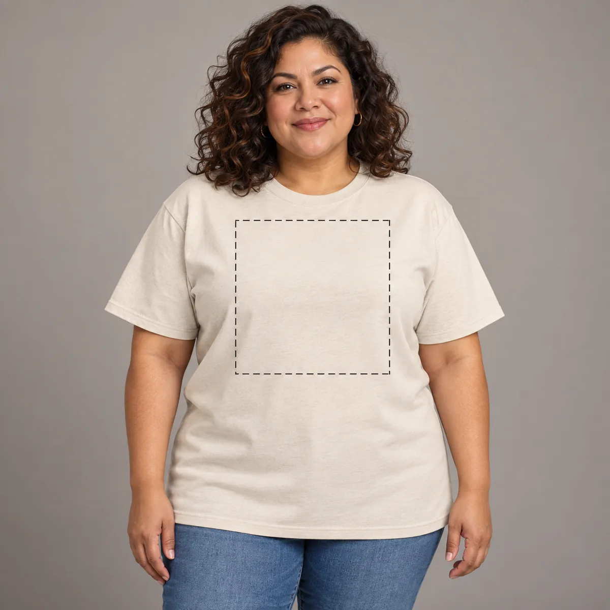 Model wearing a natural Gildan Ultra Cotton unisex T-shirt with an illustrative, unverified print-area outline.