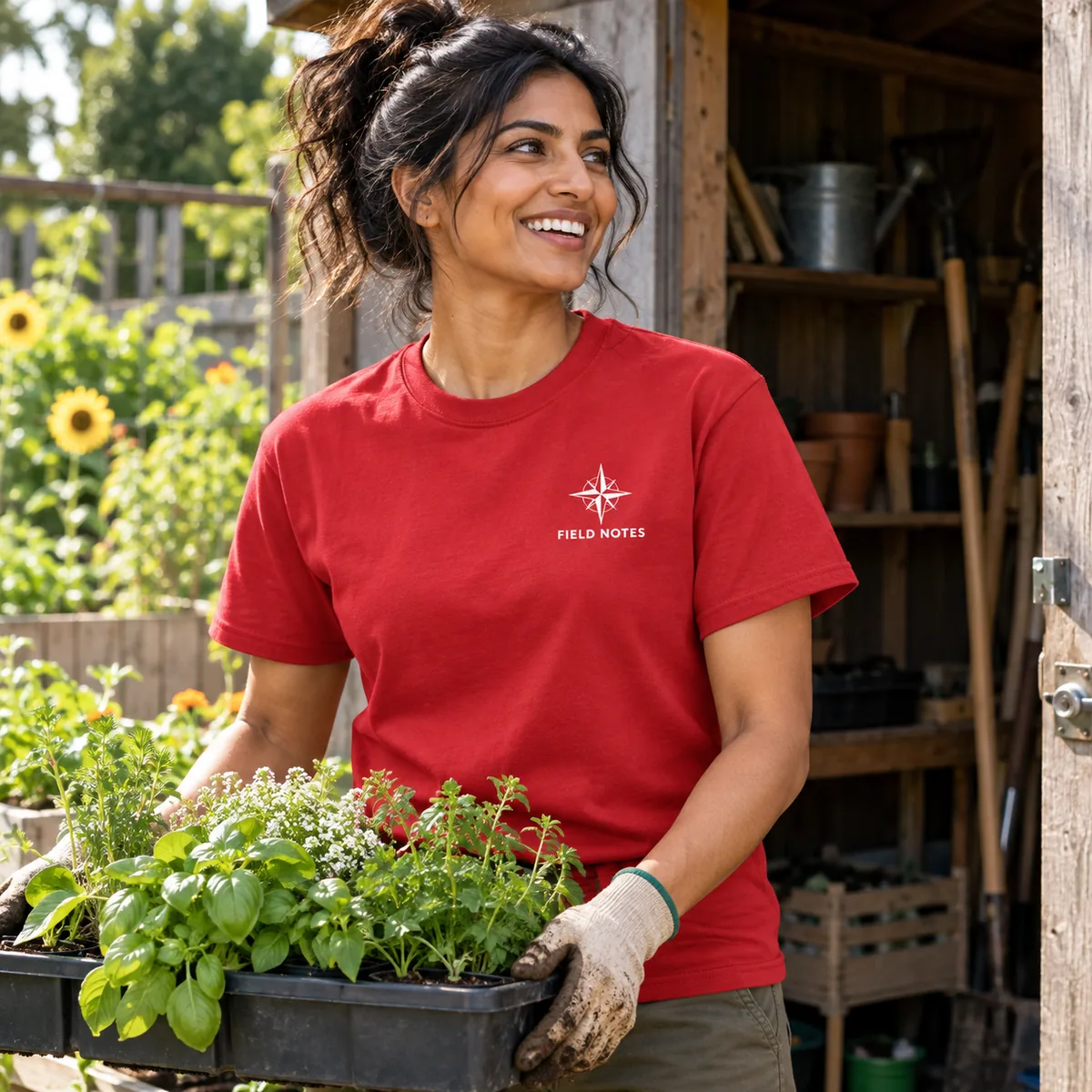 Model wearing a red Gildan Ultra Cotton unisex T-shirt with fictional Field Notes sample branding in a community garden.
