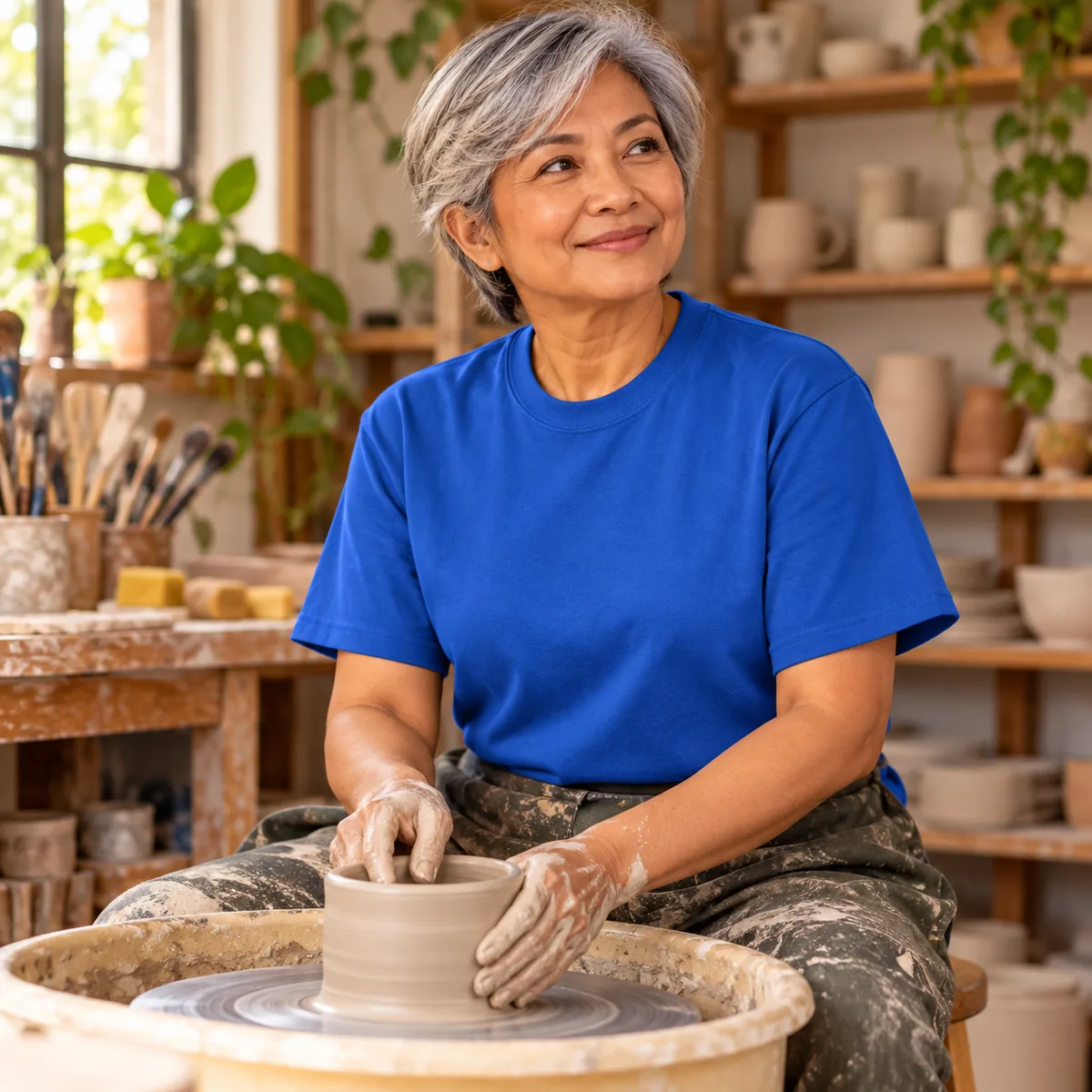 Model wearing a royal blue Gildan Ultra Cotton unisex T-shirt while making pottery.