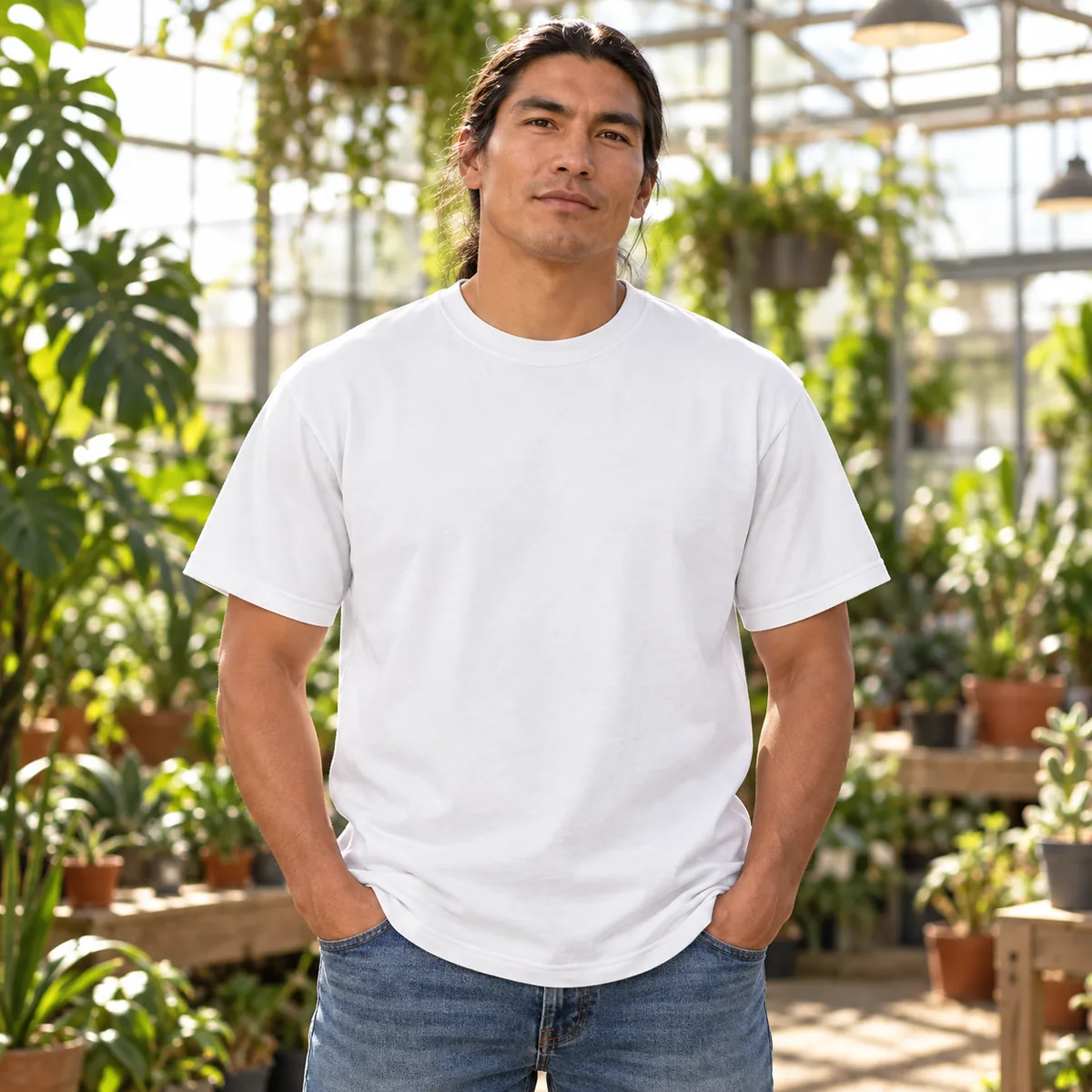 Model wearing a white Gildan Ultra Cotton unisex T-shirt in a sunlit greenhouse.