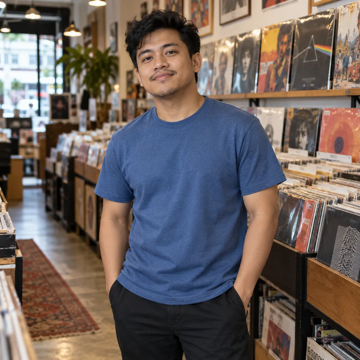 Filipino man wearing a denim blue Hanes Essential T-shirt in a city record shop.