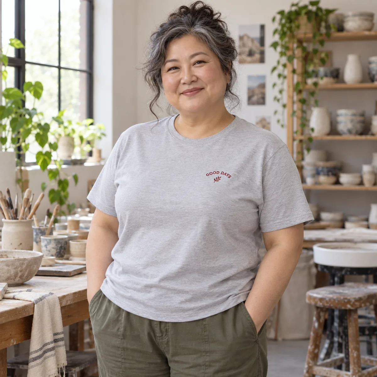 East Asian woman wearing a light steel Hanes tee with fictional Good Days embroidery at a ceramics studio.