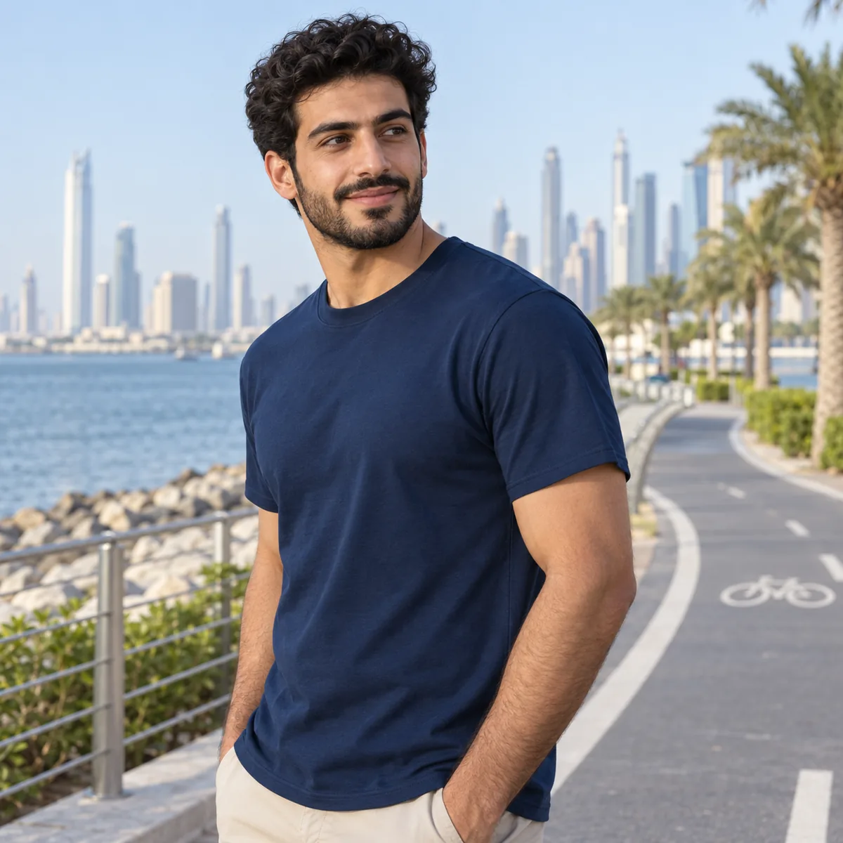 Arab man wearing a navy Hanes Essential tee on a waterfront bicycle path.