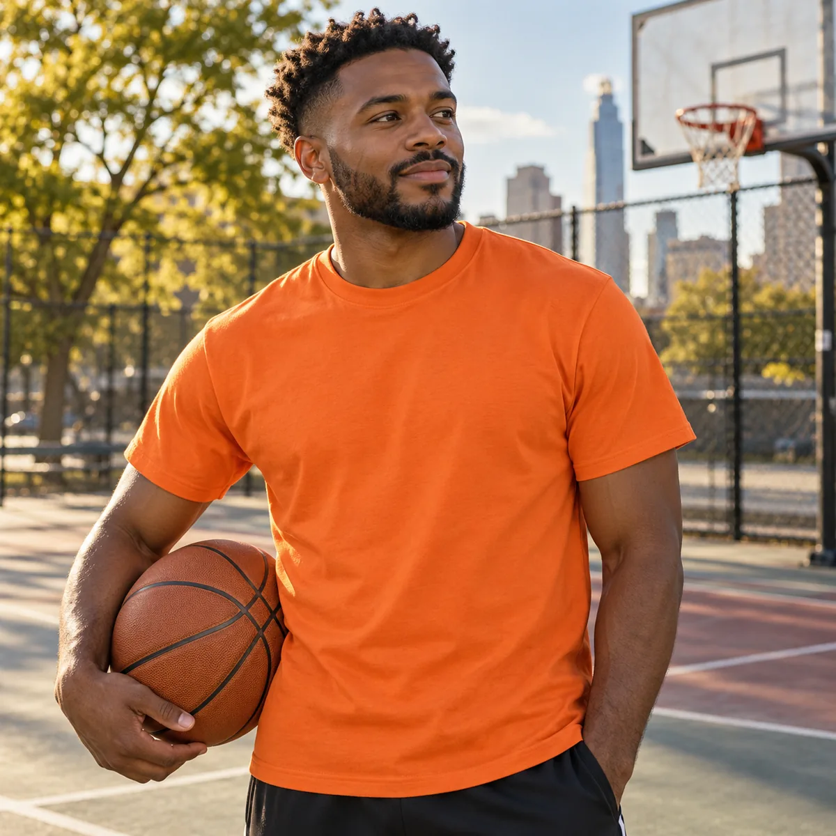 Black man wearing an orange Hanes Essential T-shirt at a street basketball court.