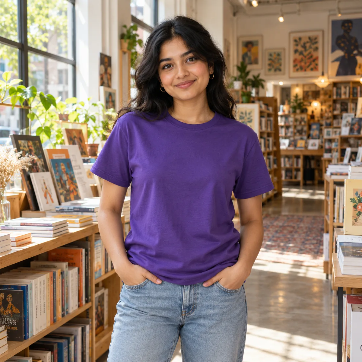 South Asian woman wearing a purple Hanes Essential T-shirt in an art bookstore.