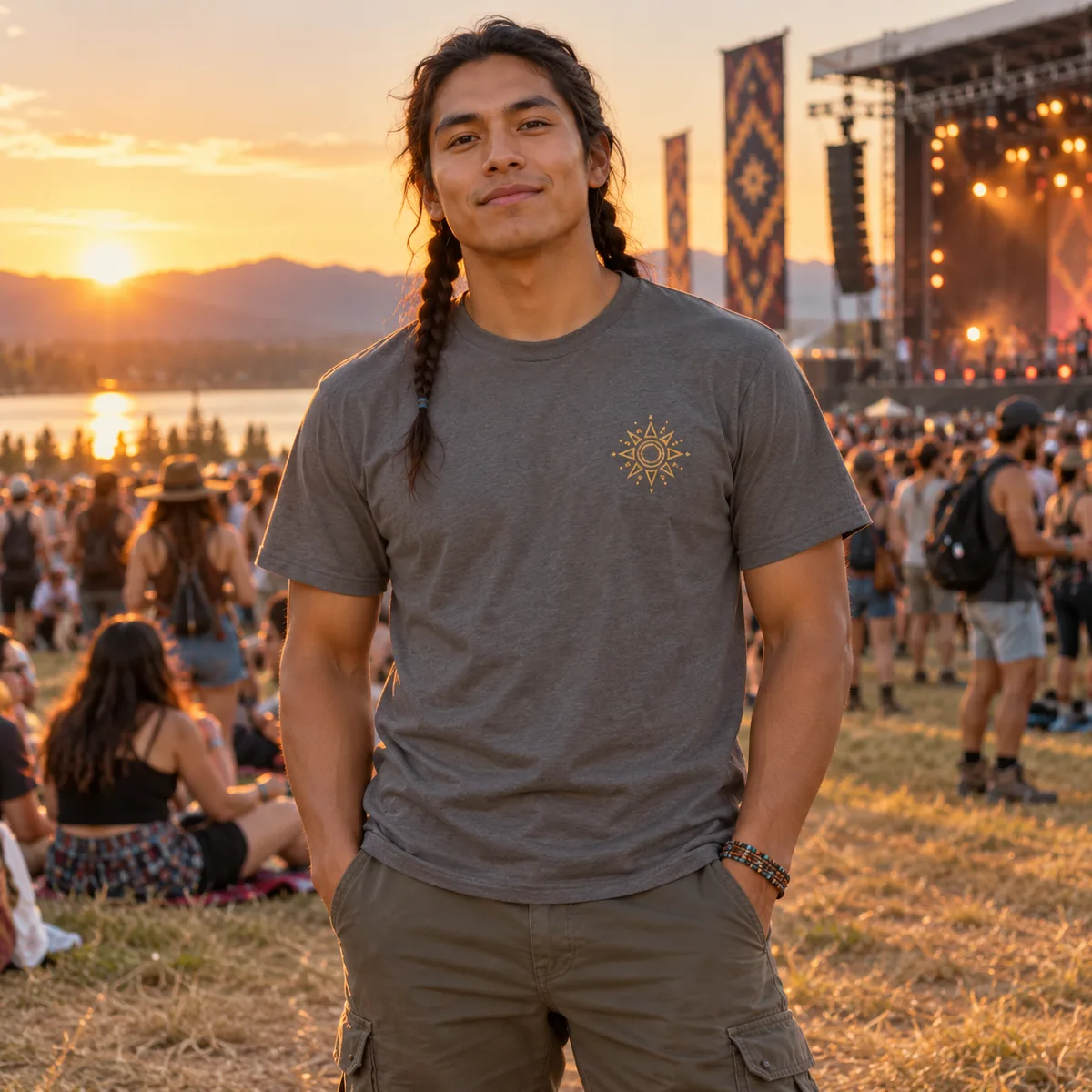 Indigenous man wearing a smoke grey Hanes Essential tee with a fictional gold sun print at an outdoor music festival.