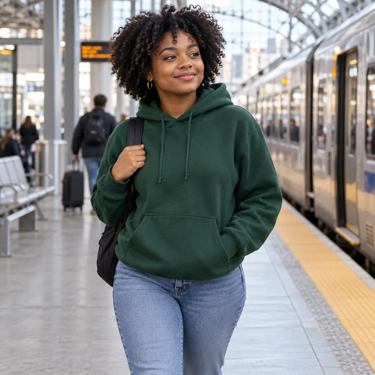 Black woman wearing a forest green JERZEES NuBlend sweatshirt at a modern train station.