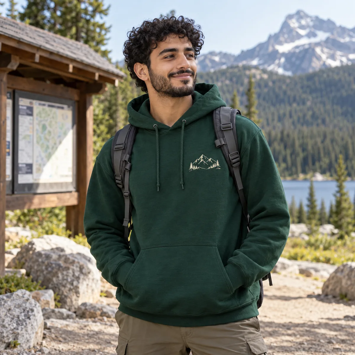 Arab man wearing a forest green JERZEES NuBlend hoodie with fictional mountain artwork at a trailhead.