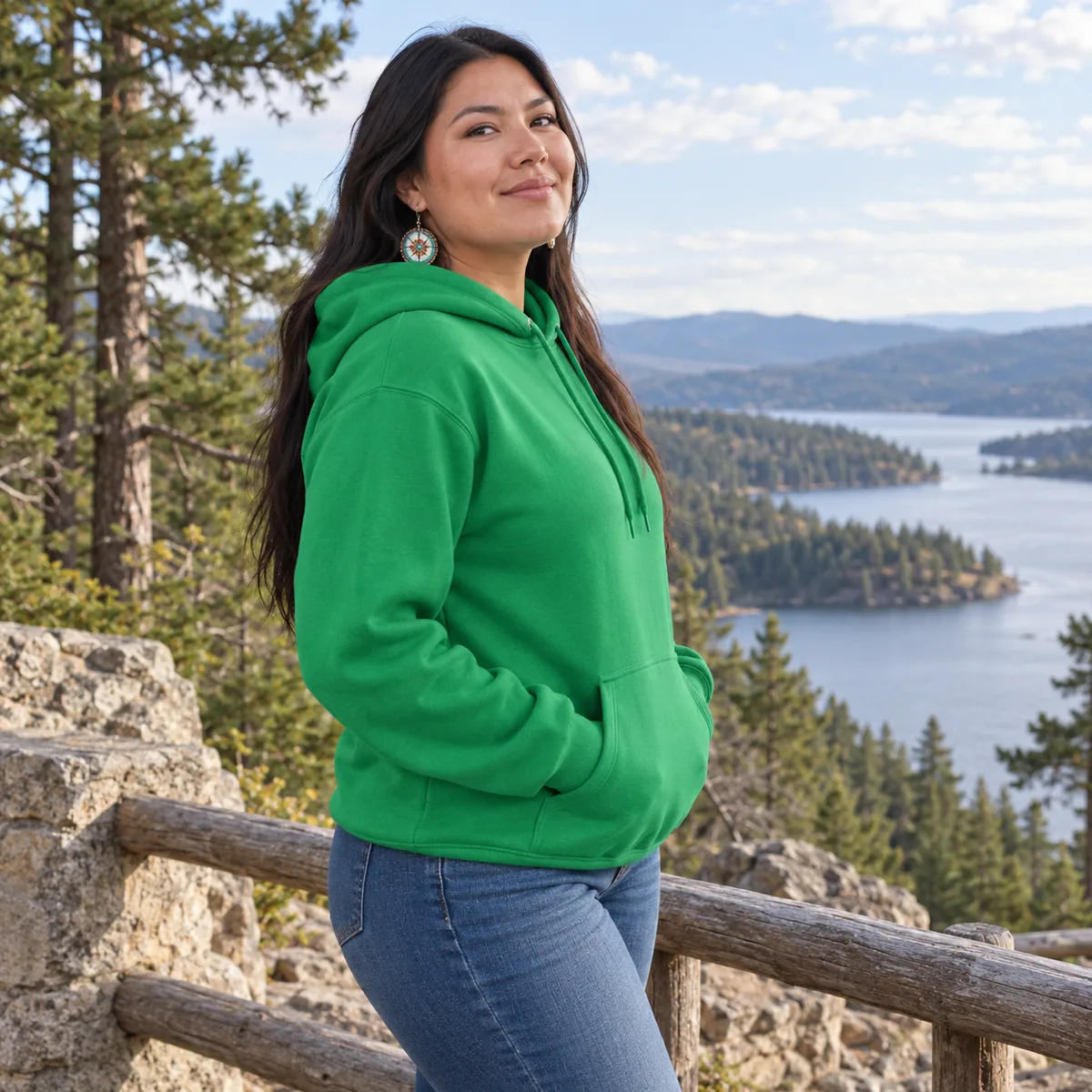 Indigenous woman wearing a Kelly green JERZEES NuBlend hoodie at a wooded park overlook.