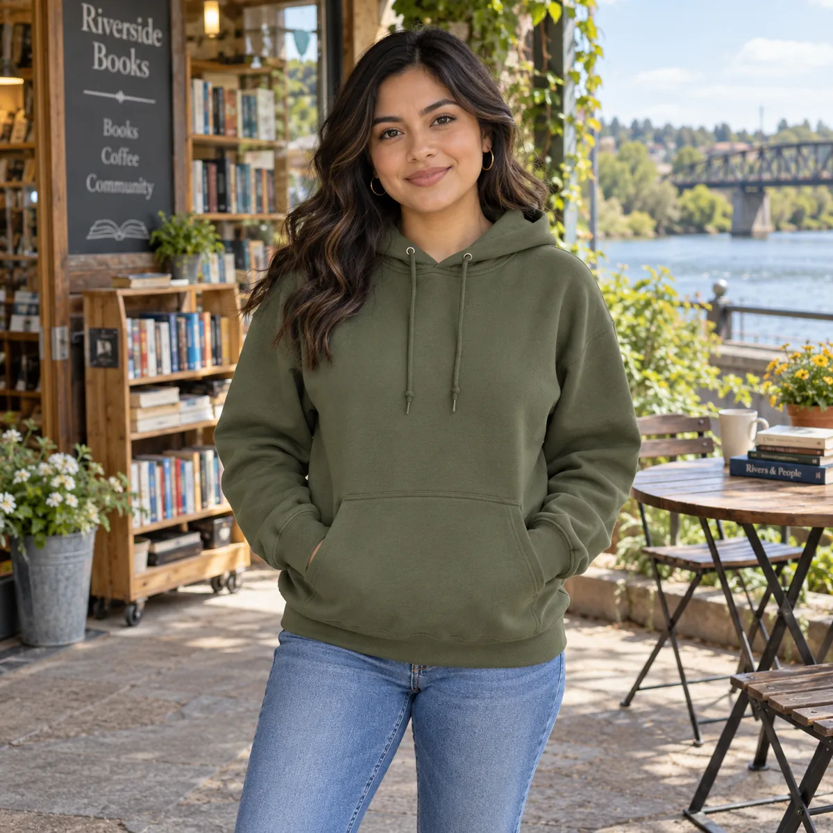South Asian woman wearing a military green JERZEES NuBlend hooded sweatshirt at a riverside bookstore patio.