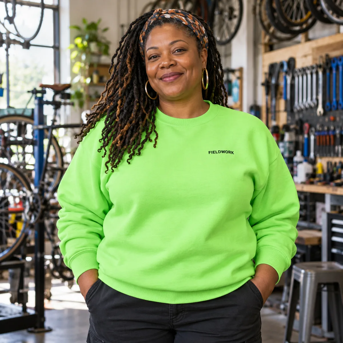 Black woman wearing a neon green JERZEES NuBlend sweatshirt with fictional Fieldwork embroidery at a bicycle co-op.