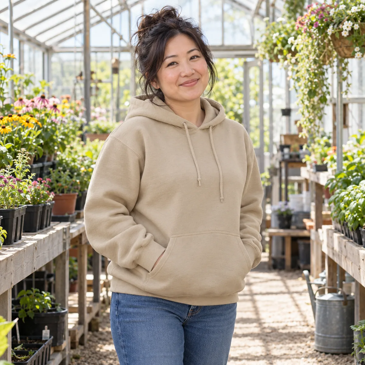 East Asian woman wearing a Safari tan JERZEES NuBlend sweatshirt at a greenhouse.