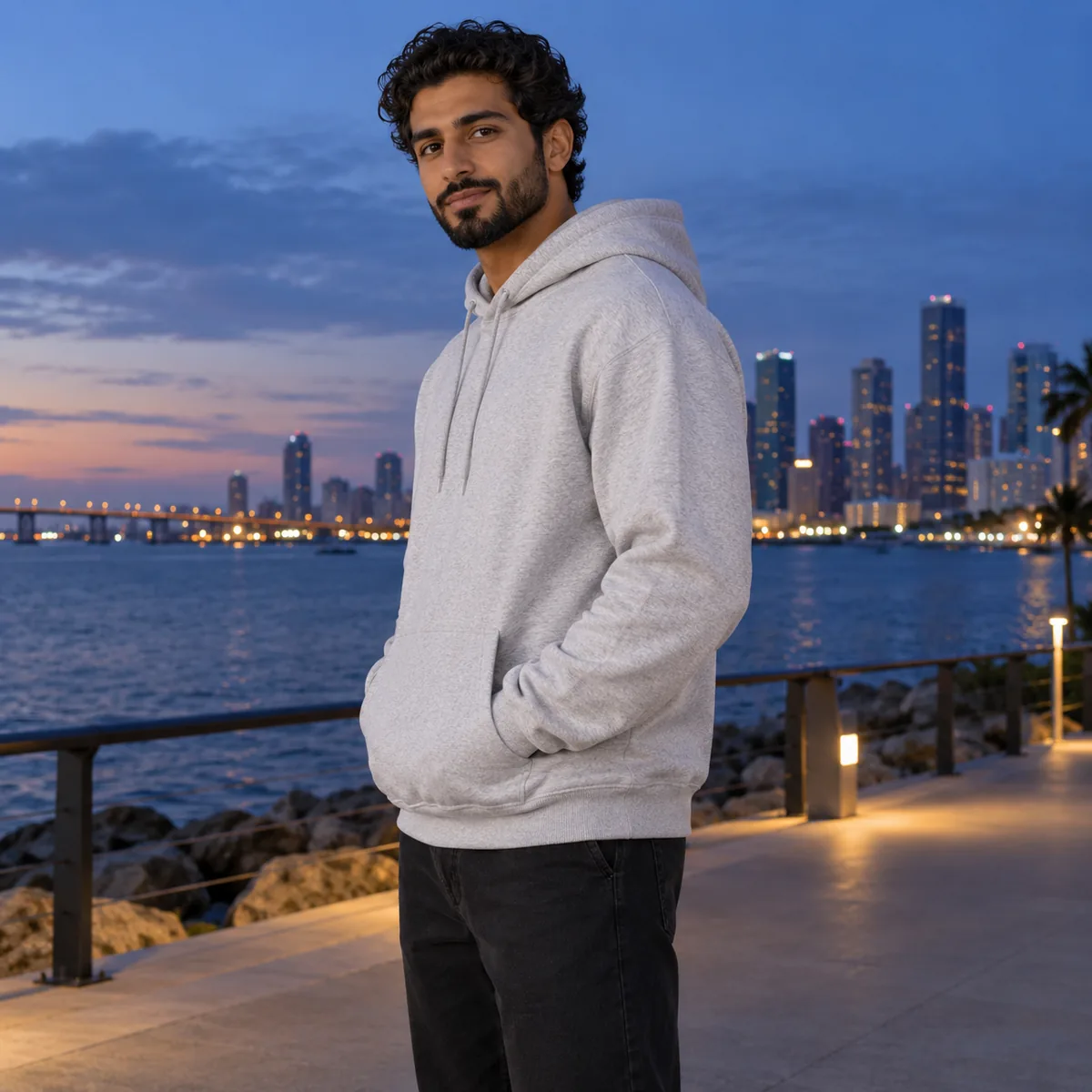 Arab man wearing an ash JERZEES NuBlend hoodie on a waterfront trail at blue hour.