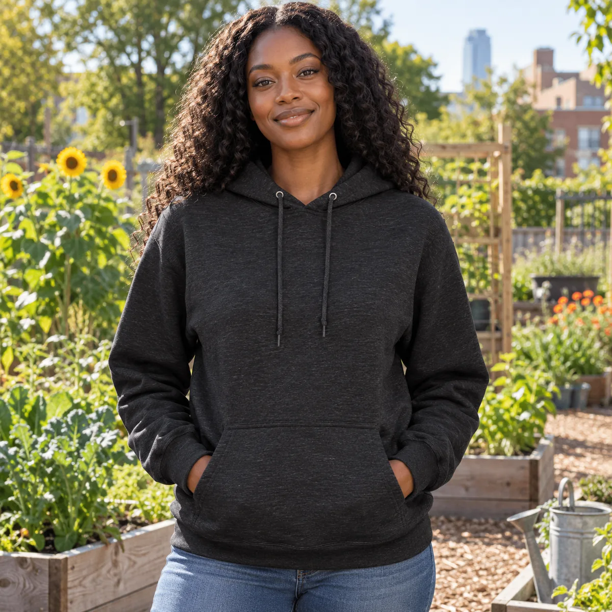 Black woman wearing a black heather JERZEES NuBlend hoodie at a community garden.