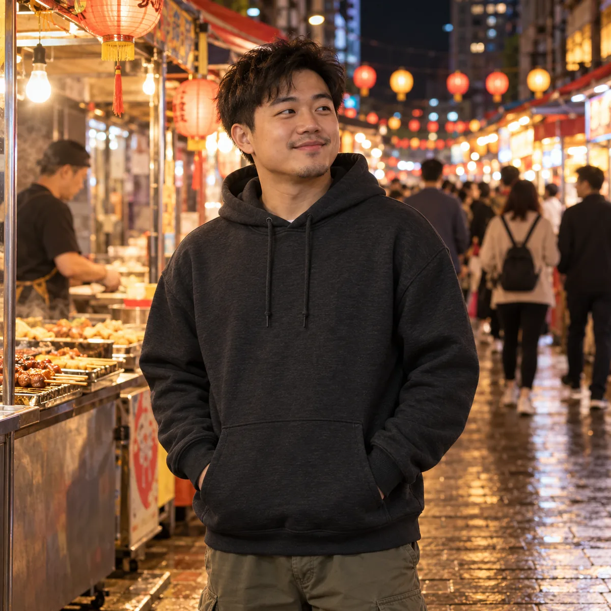 East Asian man wearing a black heather JERZEES NuBlend hoodie at a city night market.