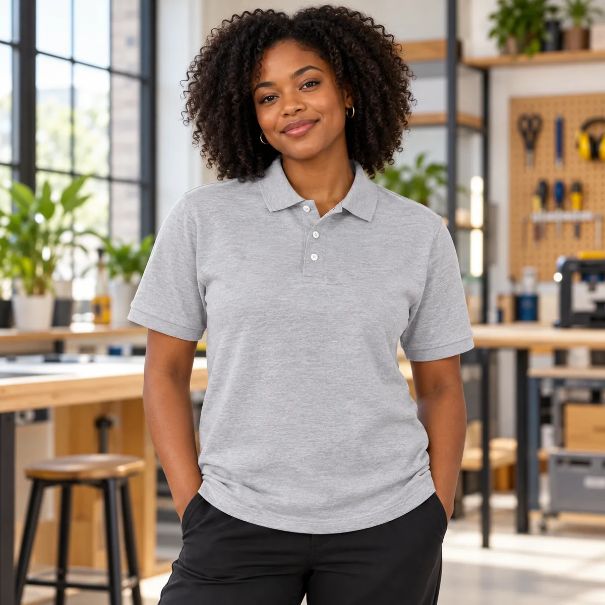 Woman wearing an athletic heather light-grey JERZEES Piqué Polo Shirt in a makerspace; blank front.