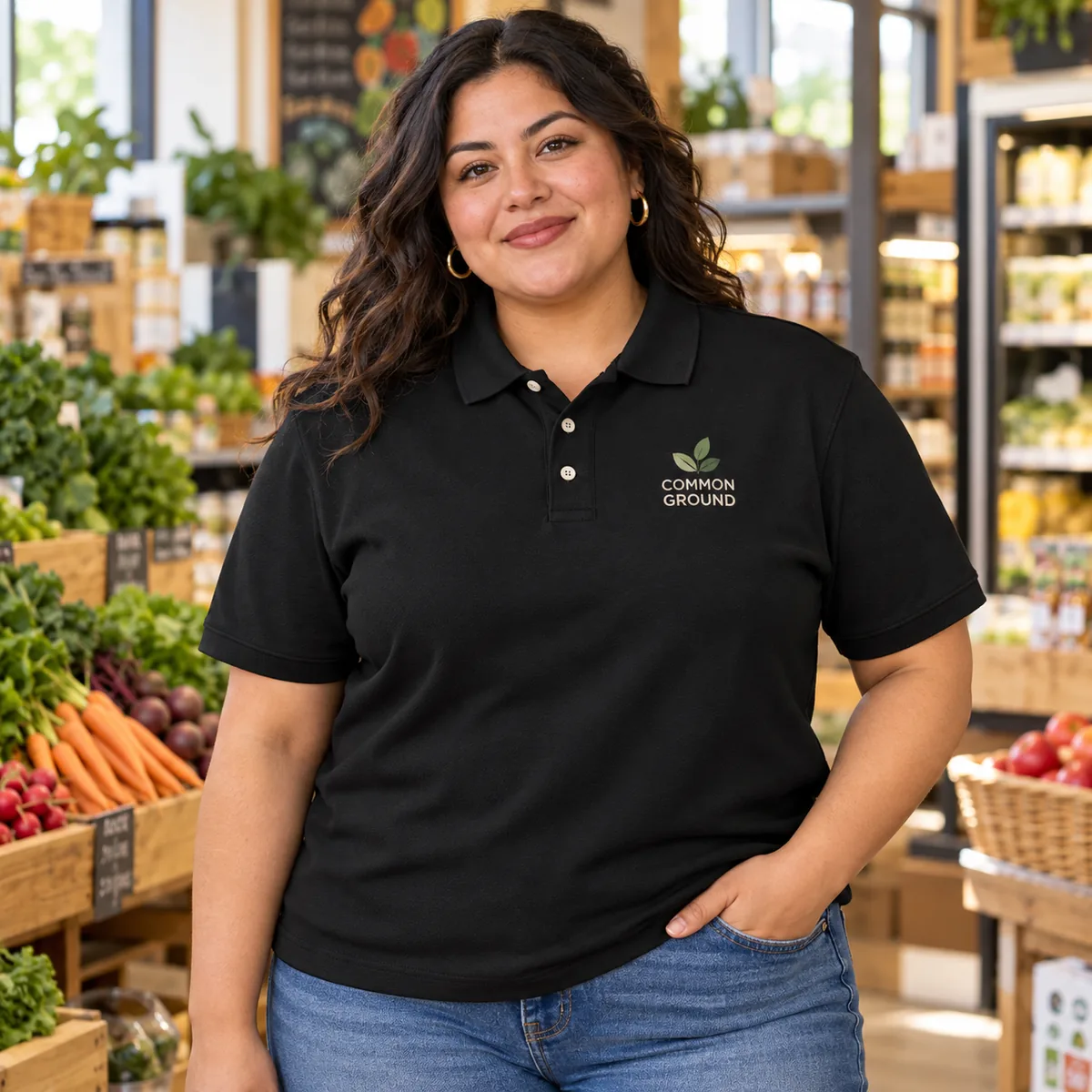 Woman wearing a black piqué polo with fictional Common Ground sample branding at a co-op market.