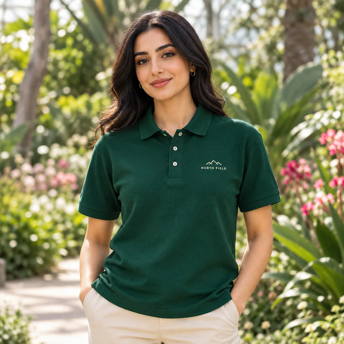 Woman wearing a forest green piqué polo with fictional North Field sample branding at a botanical garden.