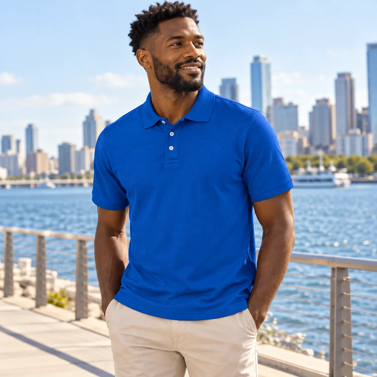 Man wearing a royal blue JERZEES Piqué Polo Shirt on a waterfront promenade; blank front view.