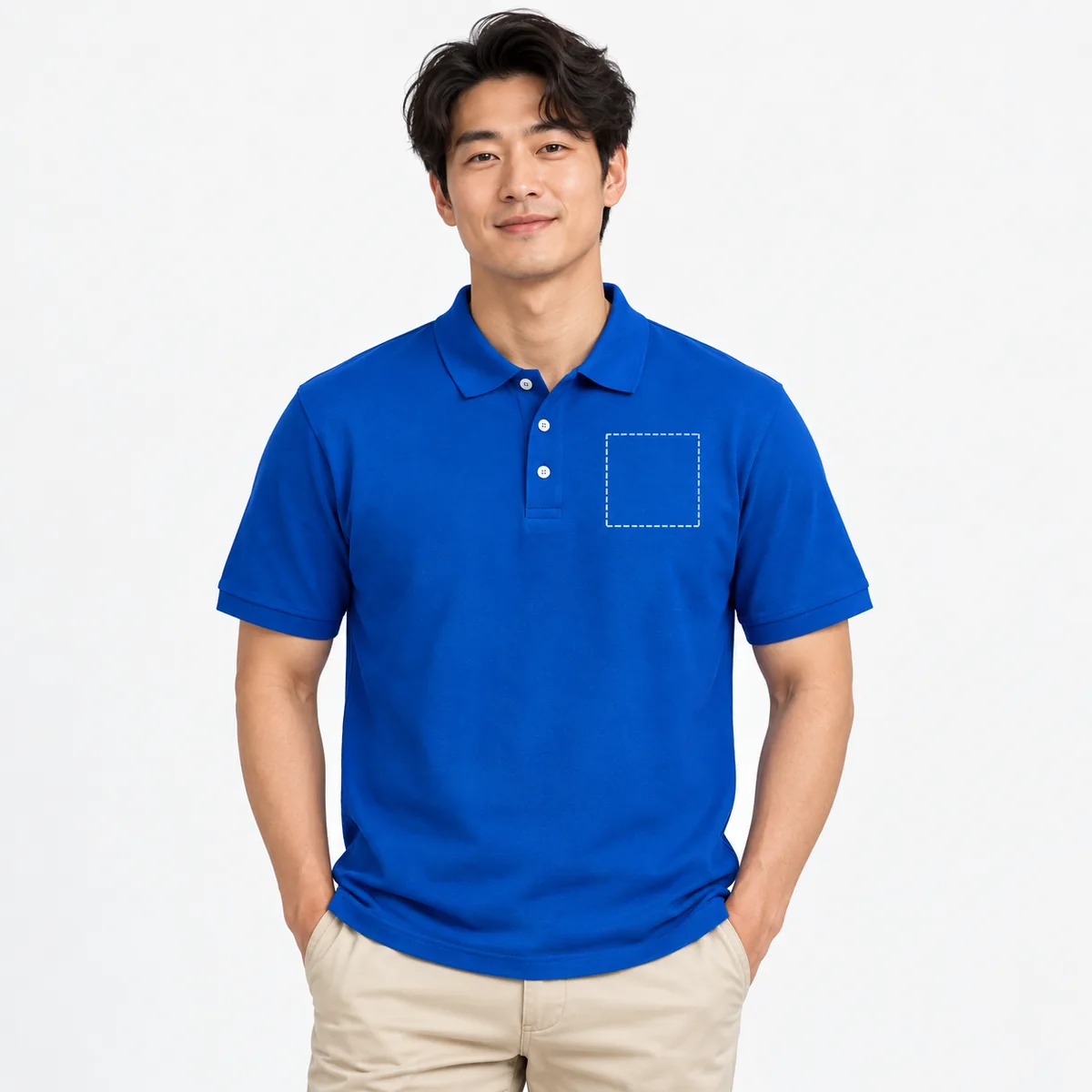 Man wearing a royal blue piqué polo with an illustrative dashed left-chest print-area outline; dimensions are not verified.