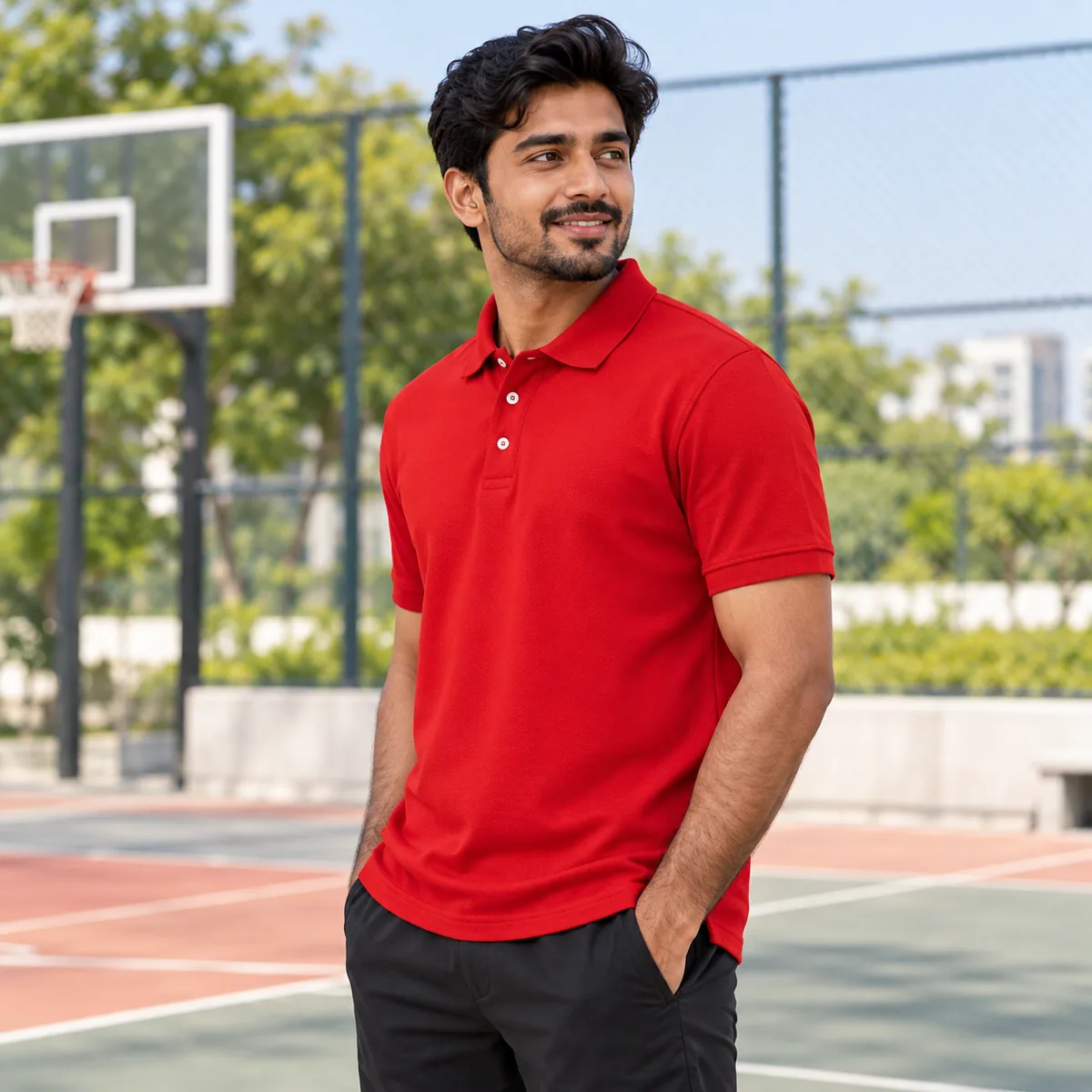 Man wearing a true red JERZEES Piqué Polo Shirt at a community sports court; blank front view.