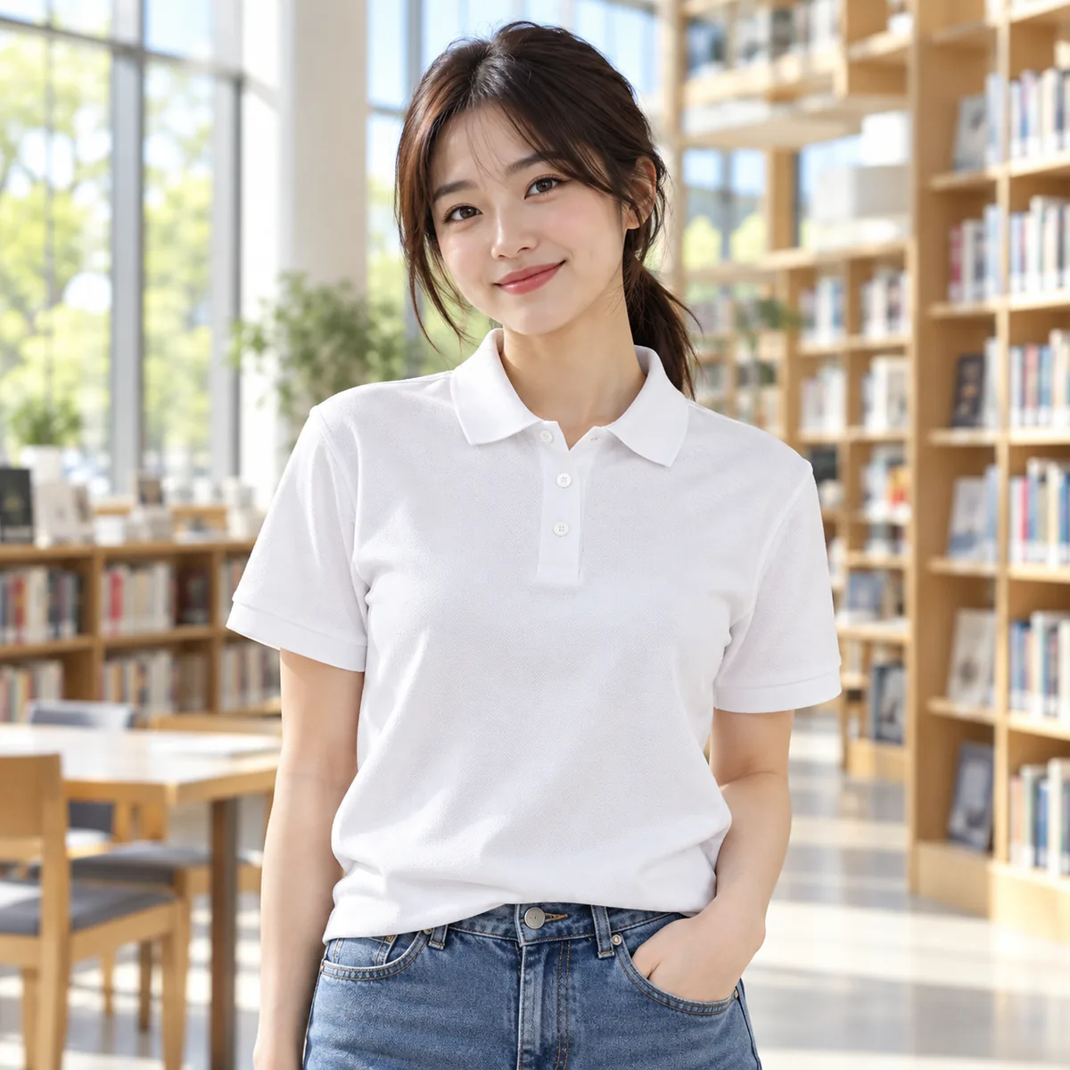 Woman wearing a white JERZEES Piqué Polo Shirt in a public library; blank front view.