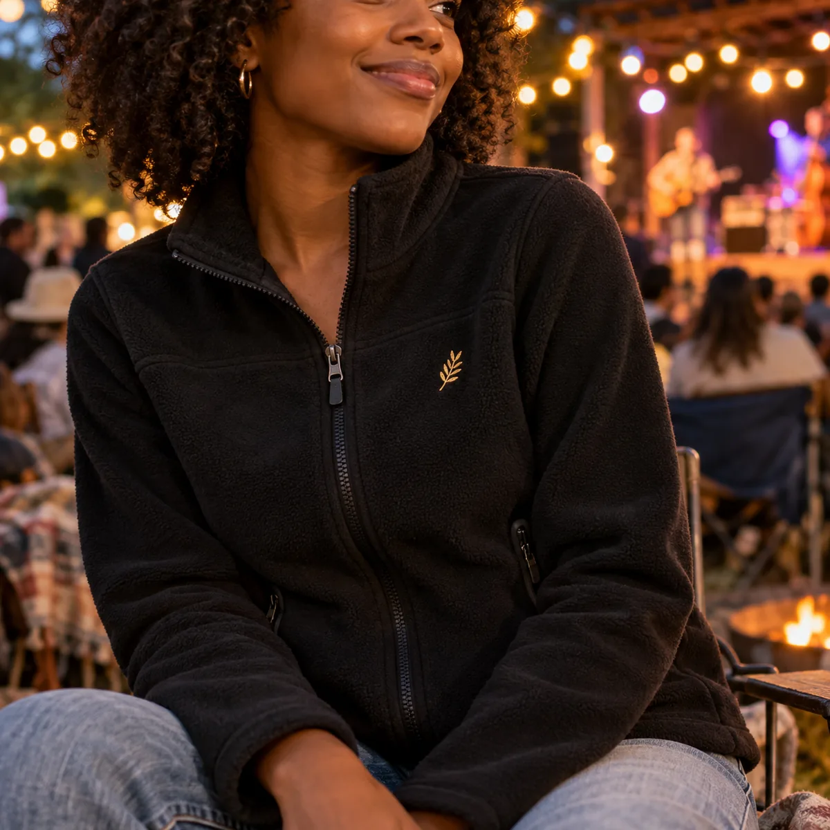 Close view of a Black woman wearing a black fleece jacket with fictional gold leaf embroidery at an outdoor music event.