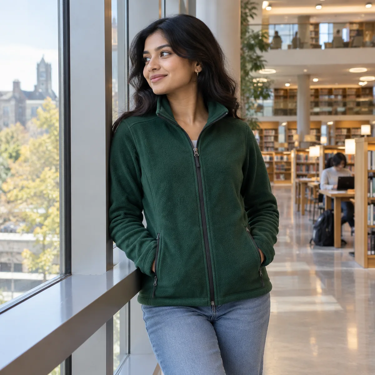 Petite South Asian woman wearing a forest green women’s fleece jacket in a bright library atrium.