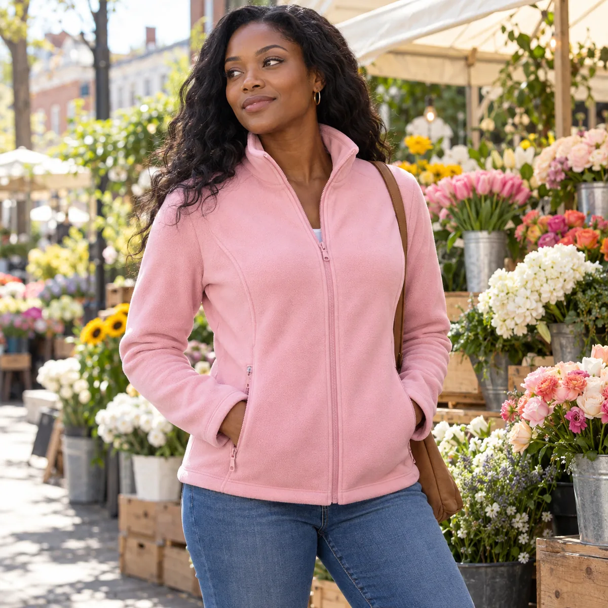 Tall Black woman wearing a pink blossom women’s full-zip fleece jacket at a neighborhood flower market.