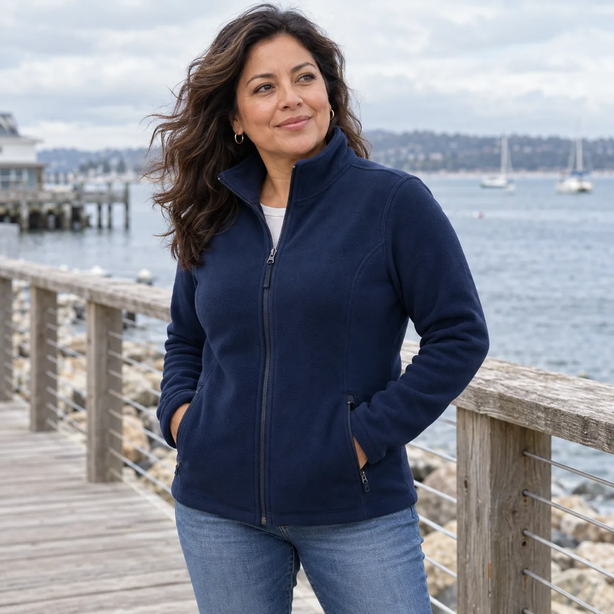 Short Latina woman wearing a true navy women’s full-zip fleece jacket in a waterfront park.
