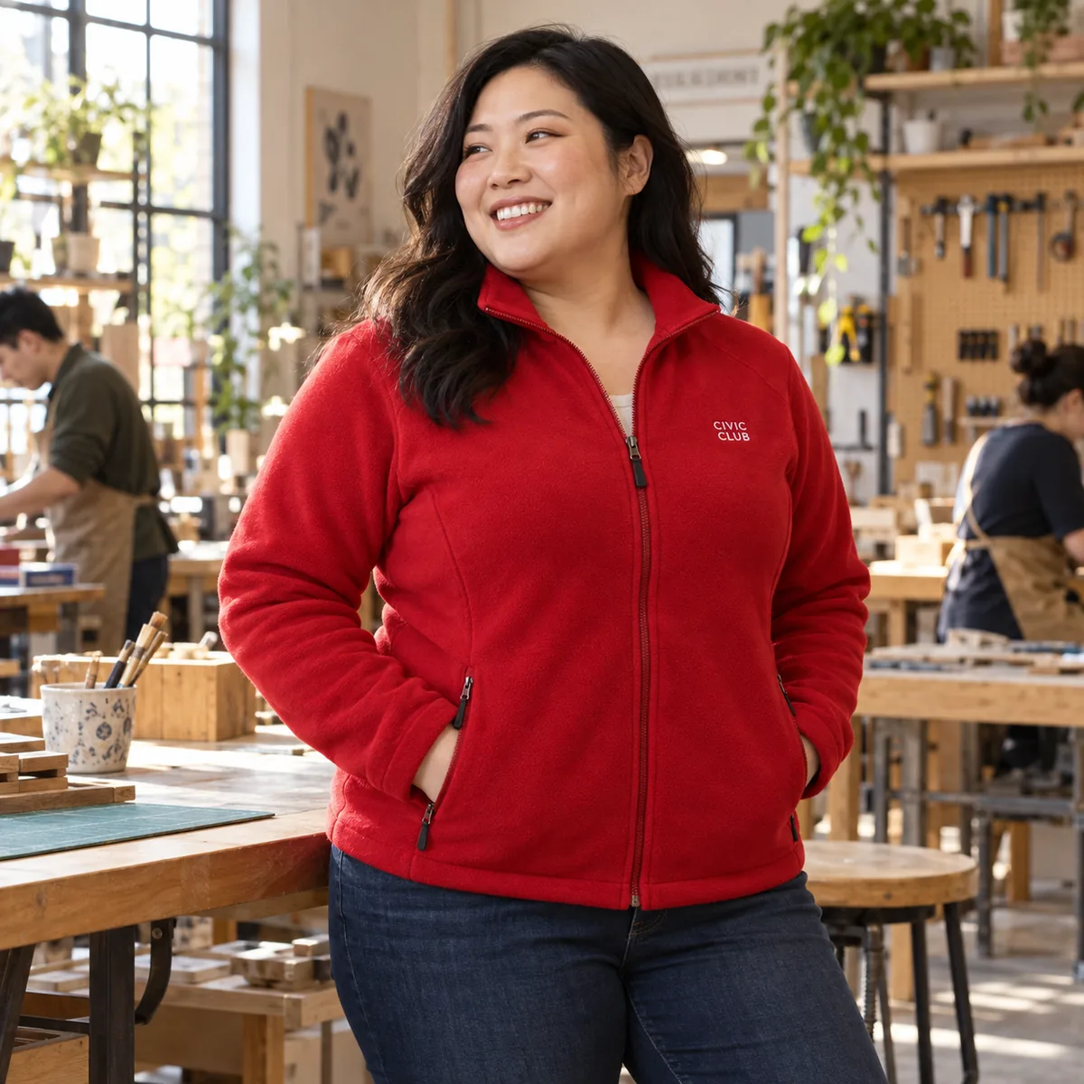 Plus-size East Asian woman wearing a true red fleece jacket with fictional Civic Club chest embroidery in a makerspace.