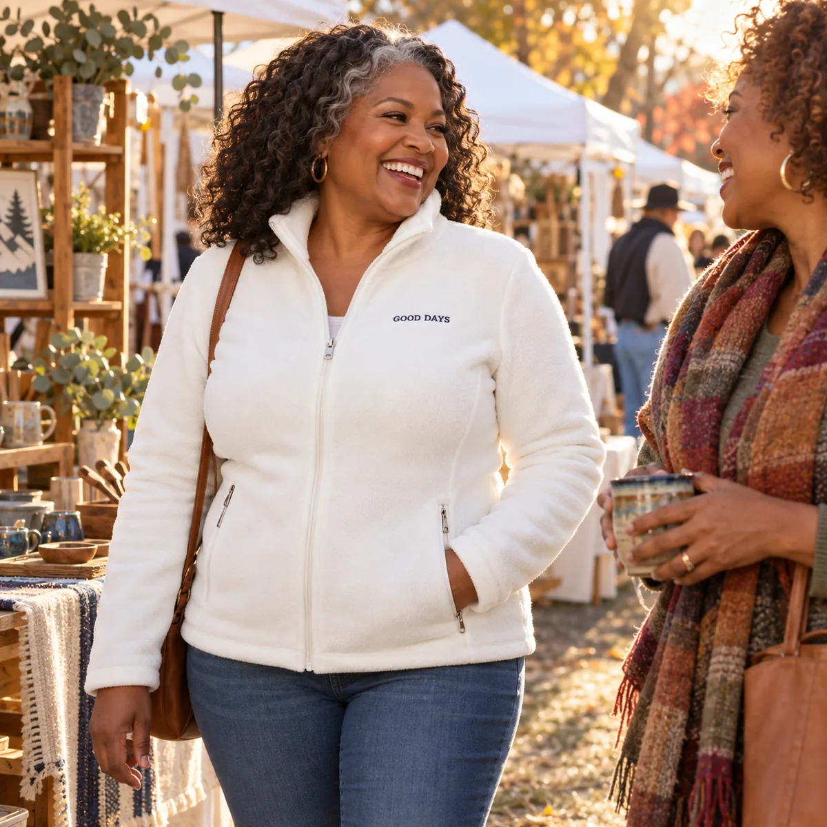 Curvy Black woman wearing a winter white fleece jacket with fictional Good Days embroidery at an artisan craft fair.
