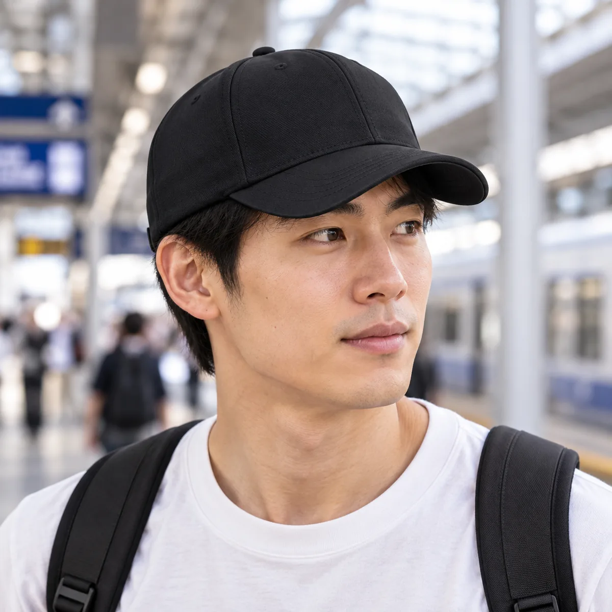 East Asian man wearing a black blank printed baseball cap in a modern train station.