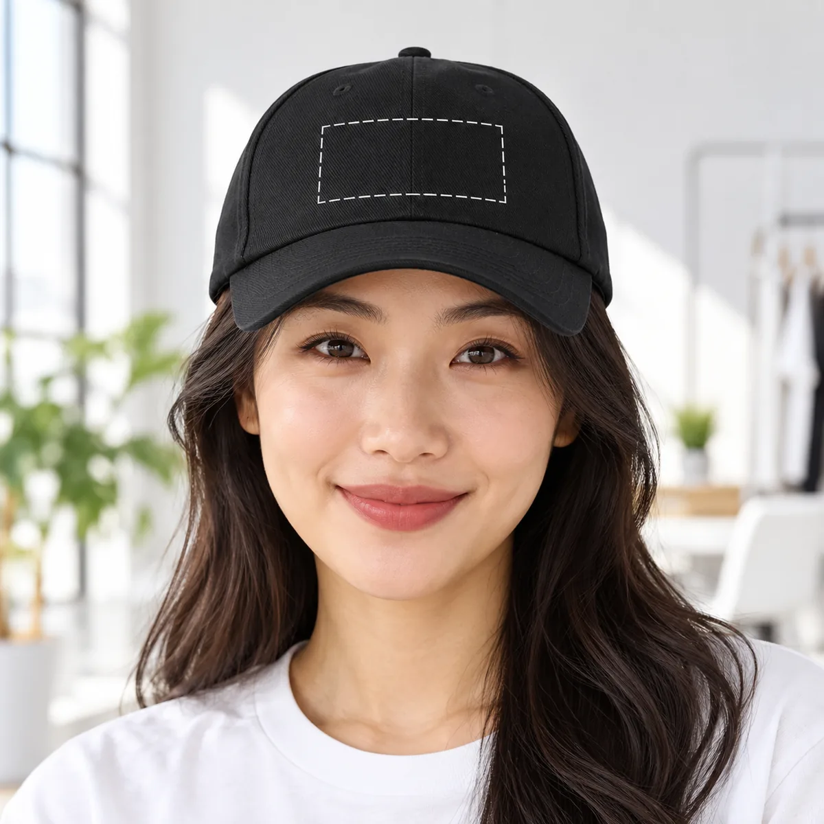 Woman wearing a black baseball cap with an illustrative dashed front-panel print area; dimensions are not verified.