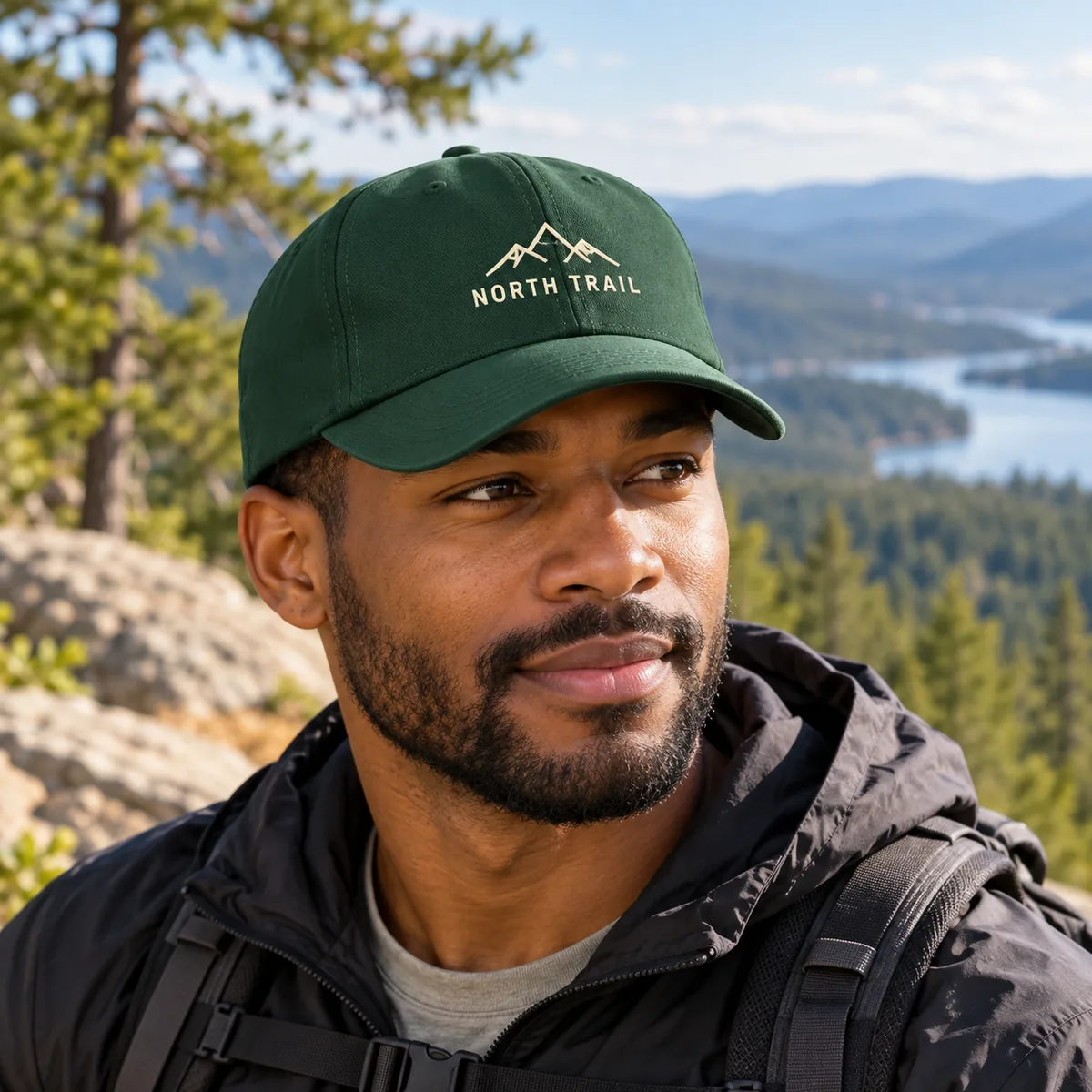Black man wearing a forest green cap with fictional North Trail sample branding at a wooded trail overlook.