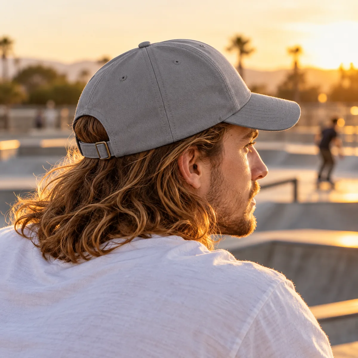 Long-haired man wearing a medium grey blank baseball cap, showing the adjustable back strap at a skatepark.