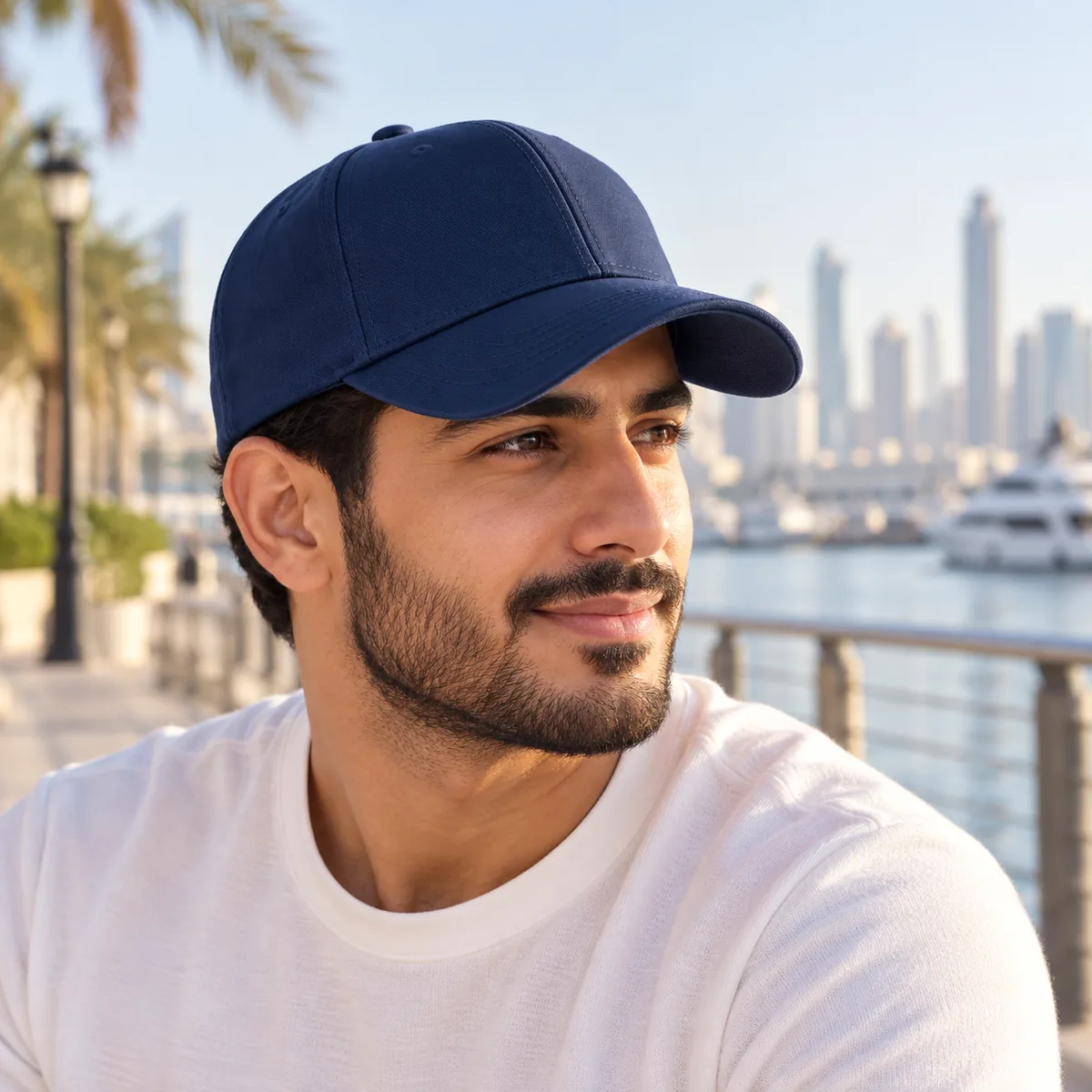 Man wearing a navy blank baseball cap in side view on a waterfront boardwalk.