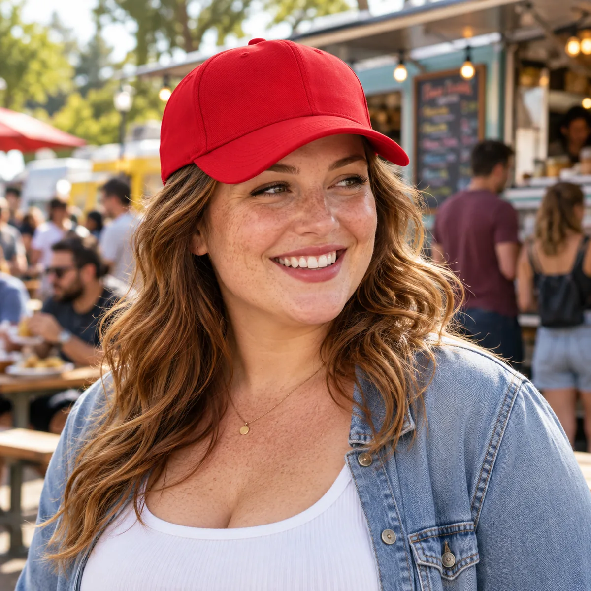 Freckled woman wearing a red blank baseball cap at an outdoor food truck gathering.