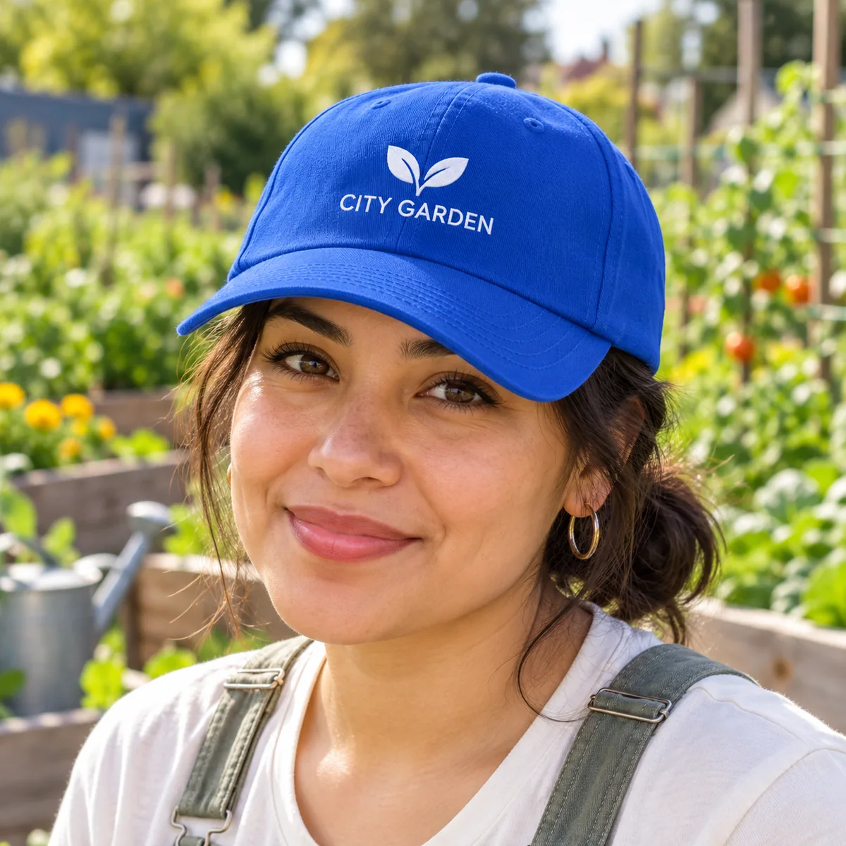 Latina woman wearing a royal blue baseball cap with fictional City Garden sample branding at a community garden.
