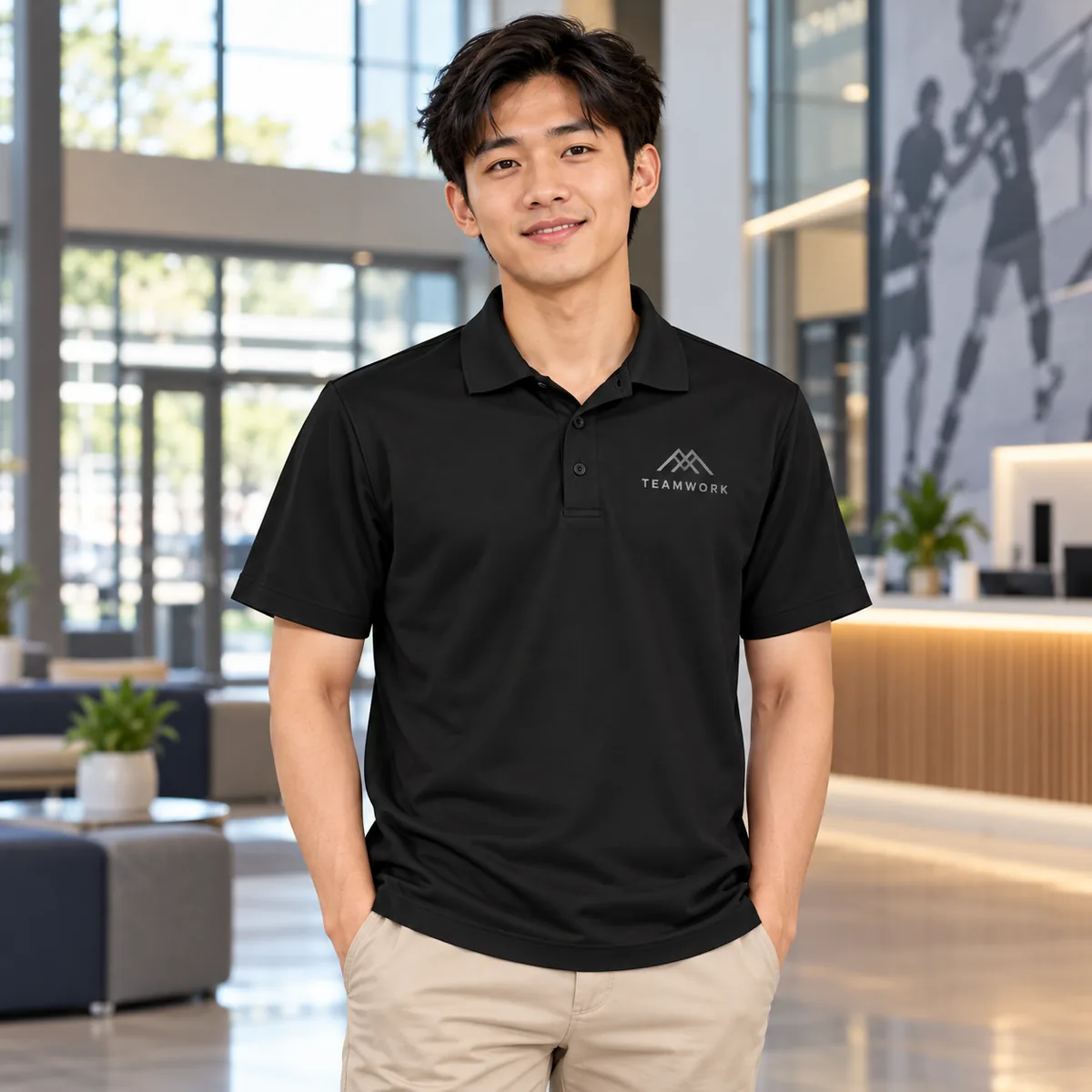 Man wearing a black Sport-Tek micropique polo with fictional Teamwork sample branding at a sports facility.