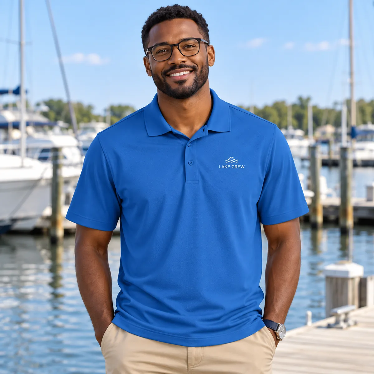 Man wearing a Blue Lake polo with fictional Lake Crew sample branding beside a marina.