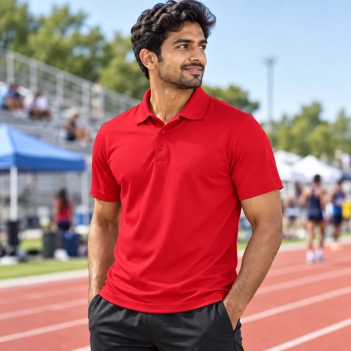 Man wearing a true red Sport-Tek micropique polo at an outdoor track event; side three-quarter view.