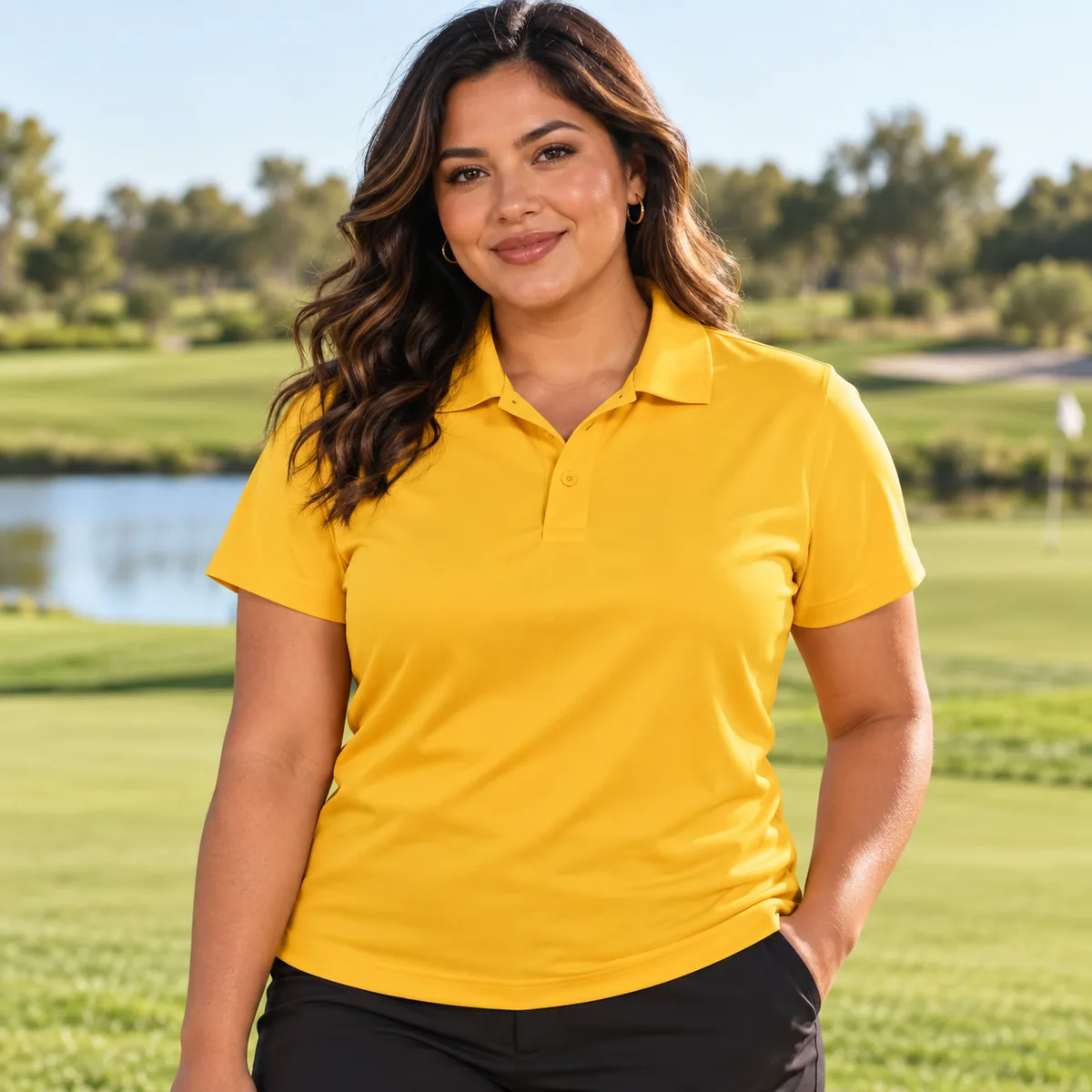 Woman wearing a Vegas Gold Sport-Tek micropique polo at a golf course; blank front.