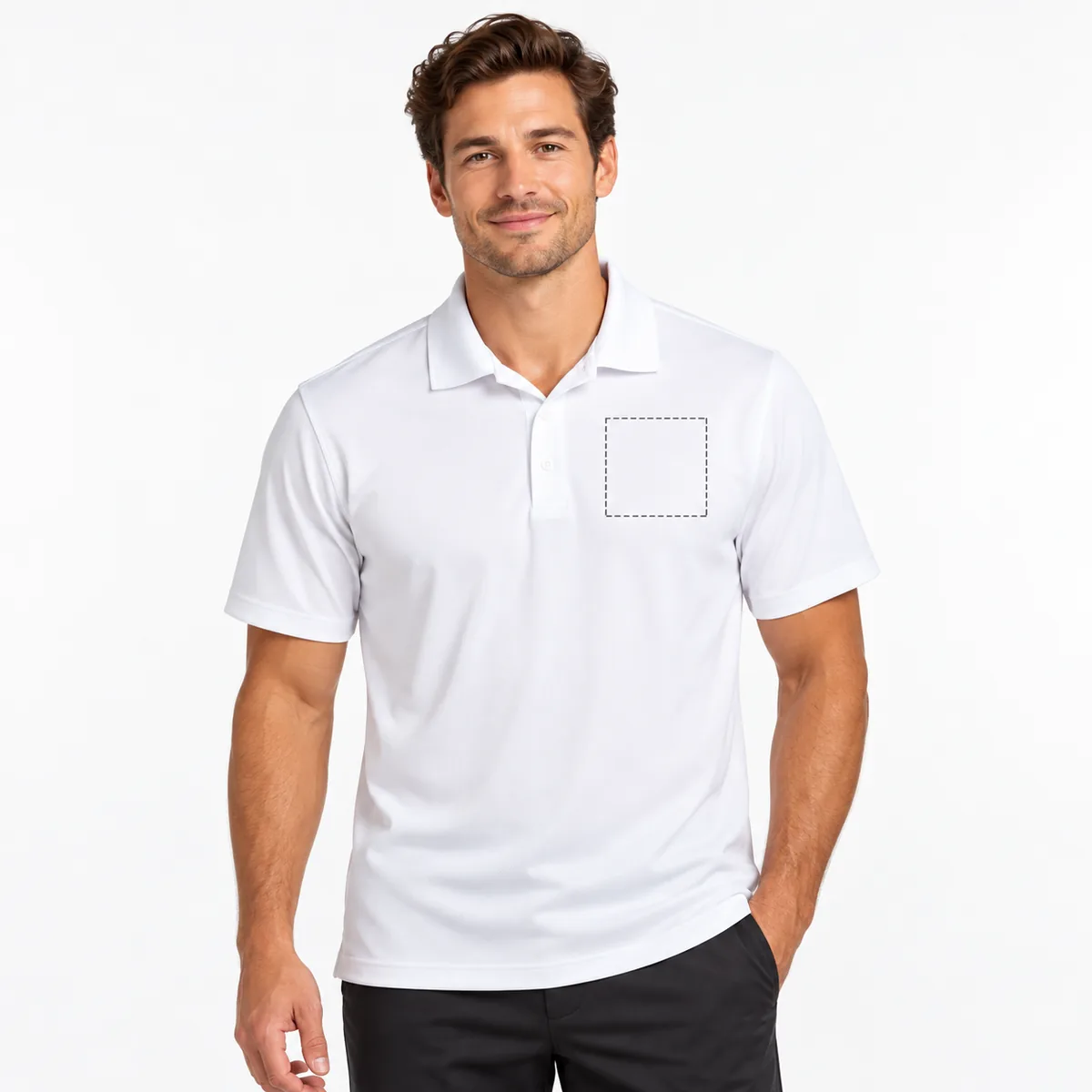 Man wearing a white micropique polo with an illustrative dashed left-chest print area; dimensions are not verified.