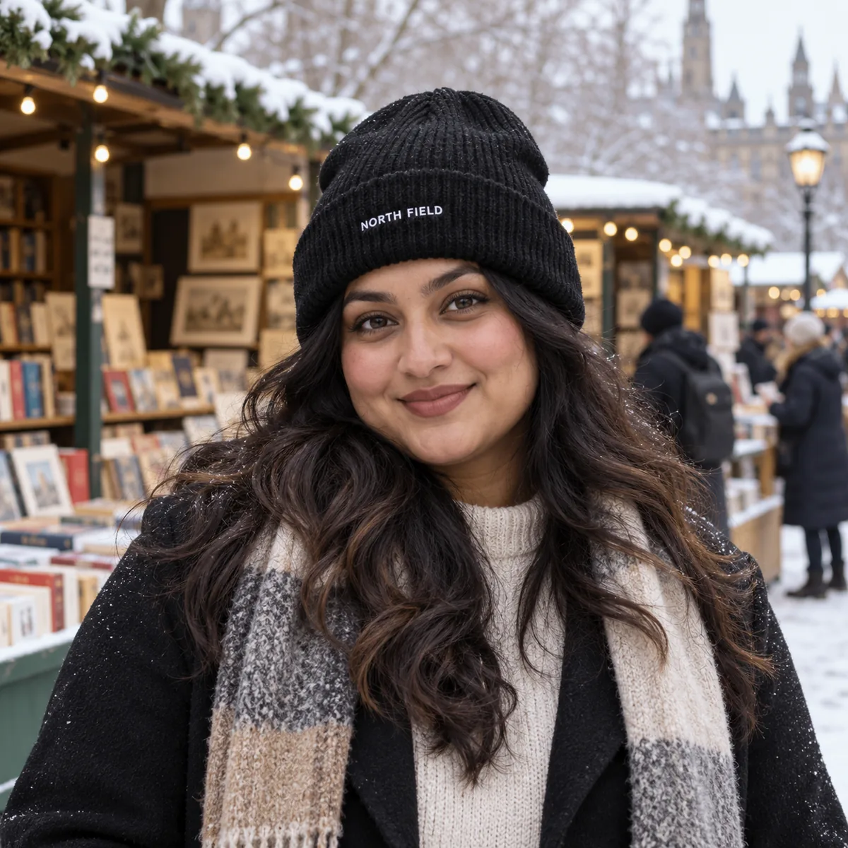 South Asian woman wearing a black Sportsman beanie with fictional North Field embroidery at a winter book market.