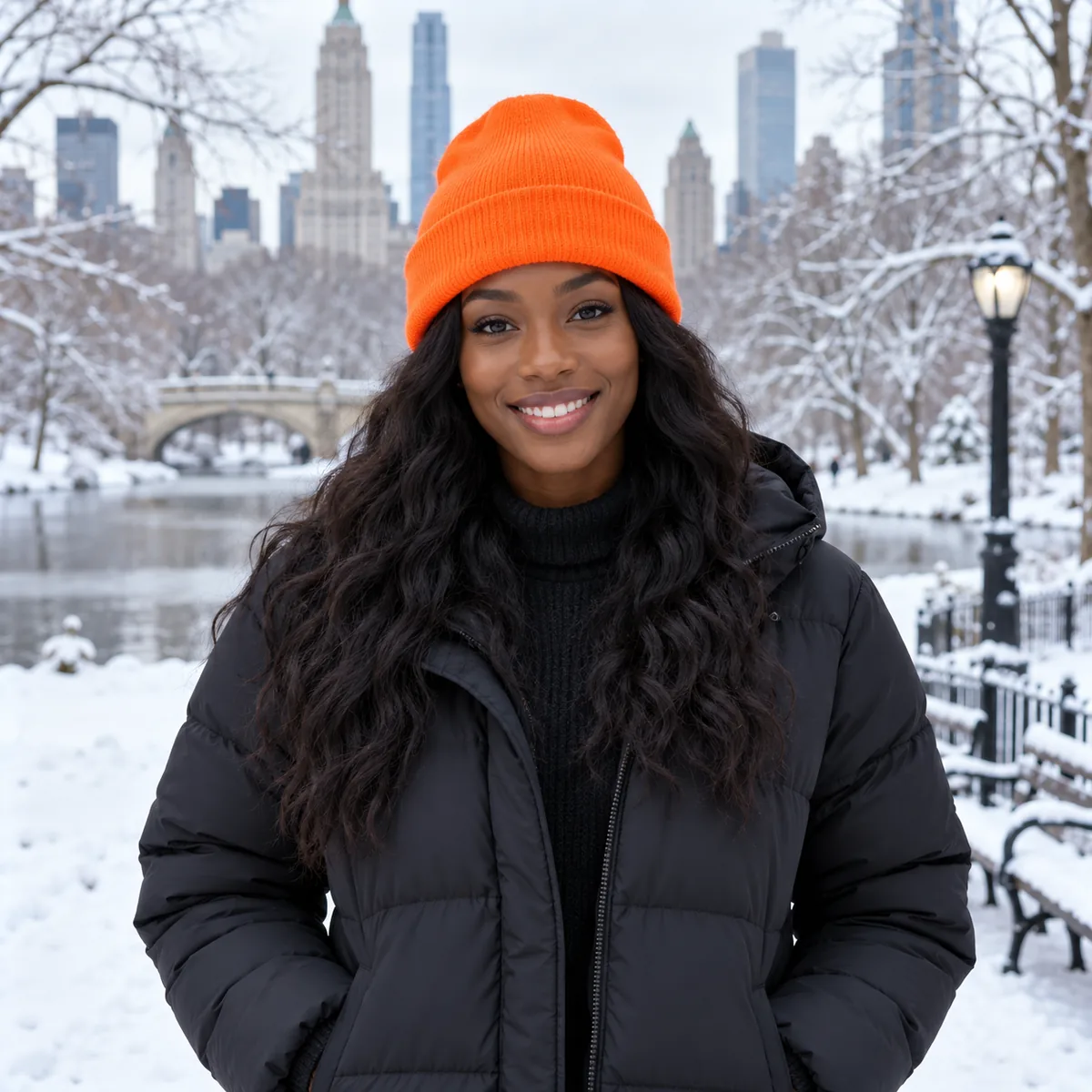 Black woman wearing a blaze orange Sportsman cuffed knit beanie at a snowy city park.