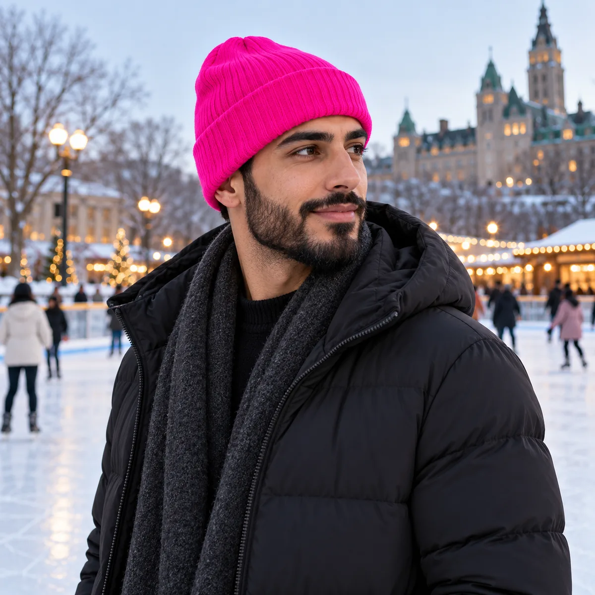 Arab man wearing a neon fuchsia Sportsman cuffed beanie at an outdoor ice rink.